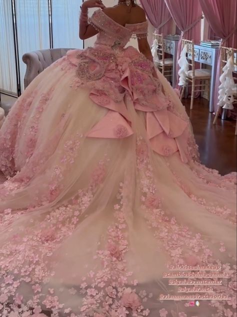 Gorgeous Quinceanera Dresses, Quince Dress Aesthetic, Cherry Blossom Quince Dress, Pretty Quinceanera Dresses Pink, Quince Color Themes, Quiencenara Dress, Pink Quinceanera Decorations, 15 Quinceanera Dresses, Blush Pink Quinceanera Dresses