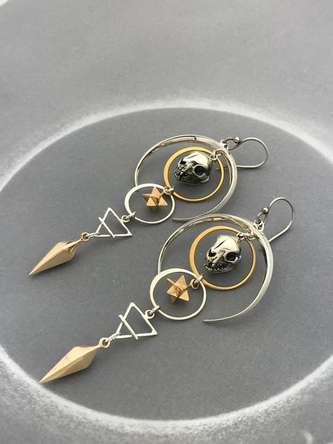 Cat Skull Sacred Geometry Earrings with Crescent Moon Earth | Etsy Occult Earrings, Earth Element Symbol, Geometry Earrings, Moon Earth, Earth Element, Channeling Energy, Geometry Shape, Star Dust, Cat Skull