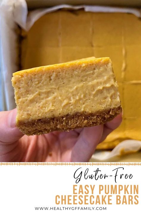 Easy Gluten-Free Pumpkin Cheesecake Bars – healthyGFfamily.com Gluten Free Pumpkin Desserts, Gluten Free Cheesecake Recipes, Gluten Free Pumpkin Cheesecake, Gluten Free Desserts Thanksgiving, Cheesecake Bars Easy, Gluten Free Pumpkin Recipes, Easy Pumpkin Dessert, Dairy Free Pumpkin, Pumpkin Cheesecake Bars