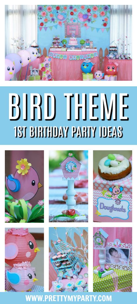 Bird Themed 1st Birthday Party on Pretty My Party #prettymyparty #birdthemedparty #birdparty #birdpartyideas #birdthemed1stbirthday Bird Party Theme Decoration, Birdie Birthday Cake, Bird Birthday Party Decorations, Bird 1st Birthday Party, Birdie Birthday Party, Tropical Bird Birthday Party, Bird Themed First Birthday Party, Birds Party Theme, Bird Day Party