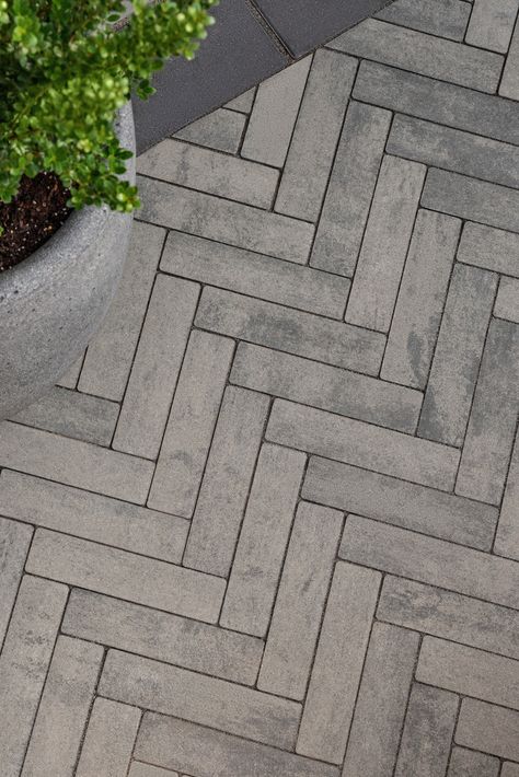 Driveway Paver Patterns, Herringbone Paver Patio, Techno Bloc Pavers, Front Porch Pavers, Herringbone Path, Herringbone Pavers, Herringbone Patio, Walkway Pattern, Backyard Pathway