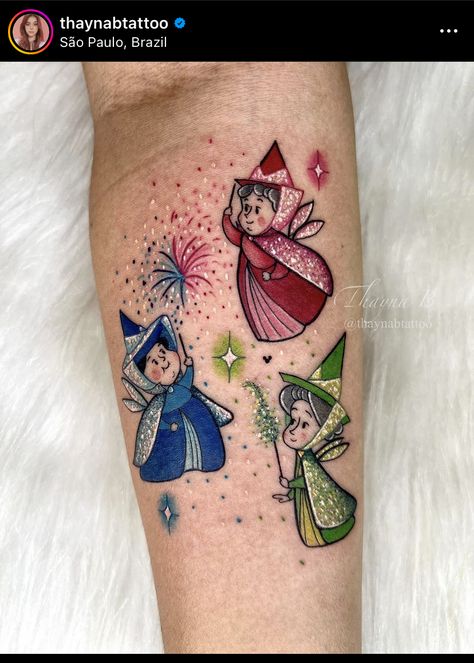 Sleeping Beauty Fairies Tattoo, Flora Fauna Merryweather Tattoo, Crafty Tattoo Ideas, Old School Disney Tattoo, Unique Disney Tattoos, Figment Tattoo, Sleeping Beauty Tattoo Ideas, Disney Tattoos Ideas, Small Disney Tattoo