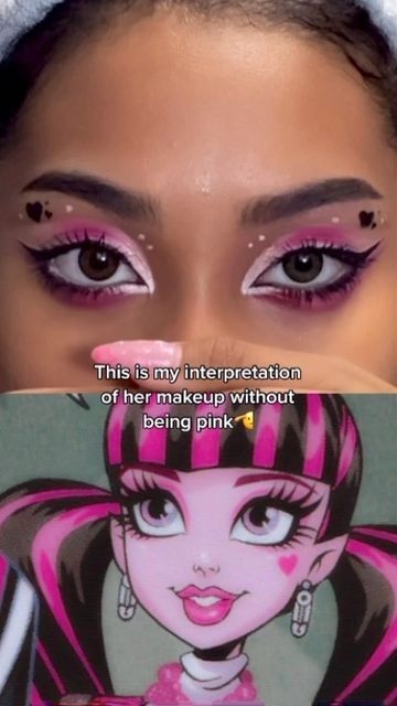 Draculaura Eyeliner, Draculara Makeup Simple, Pink And Black Halloween Makeup, Draculara Inspired Makeup, Draculaura Makeup Tutorials, Draculaura Costume Makeup, Cute Pretty Halloween Costumes, Black Draculaura Cosplay, Draculaura Makeup Ideas