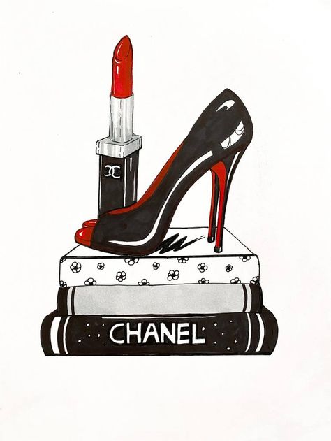 Original Art Marker/Pencil Drawing, measuring: 21W x 29.5H x 0.1D cm, by: Kristina Malashchenko (Cyprus). Styles: Fine Art, Illustration, Pop Art, Art Deco, Modern. Subject: Fashion. Keywords: Vogue Style, Books, High Heels, Glamour, Chanel, Couture, Louboutins, Red Lipstick, Fashion, Red And Black, Boudoir, Stylish. This Marker/Pencil Drawing is one of a kind and once sold will no longer be available to purchase. Buy art at Saatchi Art. Art Inspiration Fashion, High Heels Sketch, Fashion Painting Canvas, Chanel Clipart, Chanel Drawing, High Heels Drawing, Drawing Heels, Lipstick Drawing, Fashion Keywords