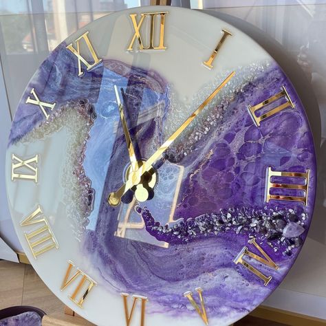 Resin Art Wall Clock Home Decor Modern Wall Art Epoxy Resin Clock. Purple Clock Epoxy Resin Art Painting, Wall Decor, Resin Art - Etsy Purple Resin Art, Epoxy Resin Clock Ideas, Resin Clock Ideas, Resin Art Wall Clock, Purple Clock, Pink Clocks, Resin Wall Clock, Resin Clock, Clock Home Decor