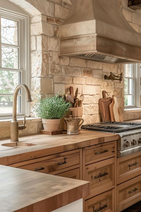 Embrace Classic Style with a Farmhouse Kitchen - Quiet Minimal Old European Kitchen Design, Stone Wall In Kitchen French Country, Farmer Kitchen Farmhouse Style, Country Style Dining Room Ideas, Italian Interior Design Kitchen, Italy Inspired Kitchen, French Farmhouse Style Kitchen, Vintage Cottage Kitchens Farmhouse Style, English Manor Kitchen