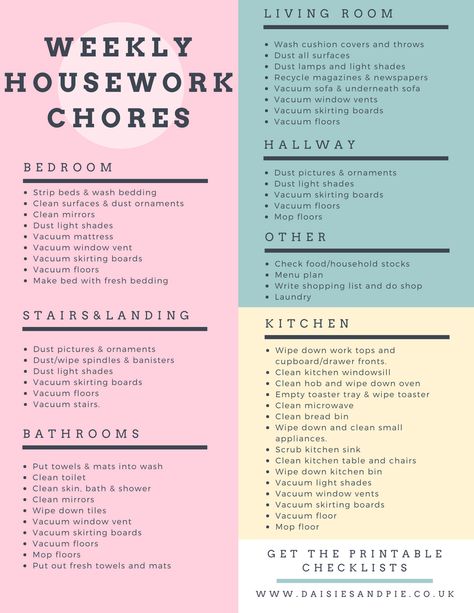 Weekly housework chores, home cleaning tips, home cleaning printable checklists, homemaking tips Home Chores, Cleaning Checklist Printable, Tidy House, Deep Cleaning Hacks, Cleaning Printable, Weekly Chores, Cleaning Painted Walls, Homemaking Tips, Chore List