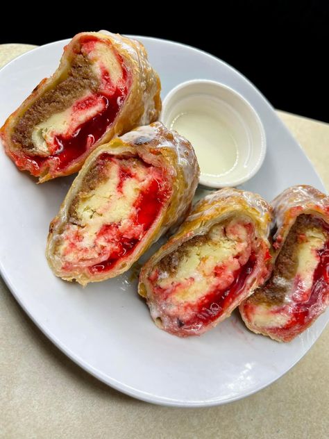 Strawberry Cheesecake Egg Rolls Recipe, Strawberry Cheesecake Egg Rolls, Cheesecake Egg Rolls, Breakfast Cheese Danish, Egg Rolls Recipe, Food Feast, Breakfast Cheese, Egg Roll Recipes, Coconut Pecan