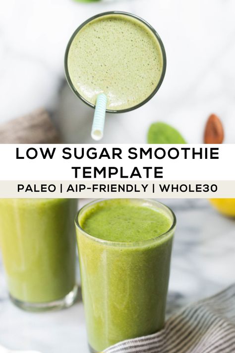 Low-sugar smoothie template to make your own digestion-friendly smoothie! Paleo, AIP-friendly and Whole30-friendly! Low Gi Smoothie Recipes, Aip Smoothie, Low Glycemic Smoothies, Low Sugar Smoothie Recipes, Aip Smoothie Recipes, Whole 30 Smoothies, Low Sugar Smoothies, Protein Smoothies, Paleo Drinks