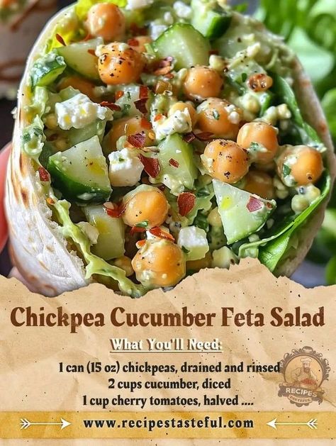 Gordon Ramsay | Chickpea Cucumber Feta Salad | Facebook Chickpea Cucumber Feta Salad, Chickpea Cucumber Salad, Chickpea Cucumber, Cucumber Feta Salad, Mediterranean Recipes Healthy, Salad Wrap, Easy Recipes For Beginners, Salad Wraps, Feta Salad