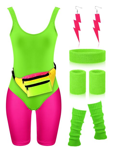 PRICES MAY VARY. 80s Outfit for Women Set: you will receive 1 one-piece swimsuit, 1 pair of workout shorts, 1 wristlet set, 1 headband, 1 neon colored fanny pack, 1 pair of leg warmers and 1 pair of earrings, delicate combination to meet your 80s clothing needs Stretchy and Breathable: this one-piece swimsuit and yoga pants are mainly made of polyester, swimsuit padding, opaque, not easy to fade; These jogging pants are stretchy and flexible, light and breathable, and 80s workout costumes for wo 80s Exercise Costume, 80s Themed Costumes, 90s Swimwear, 90s Workout, Workout Costume, 80s Workout Costume, 80's Costume, Jogging Leggings, 80s Workout