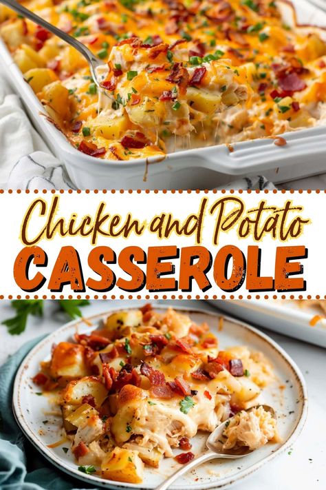 This chicken and potato casserole is creamy, comforting, and so delicious! Packed with bacon and cheddar cheese, it's impossible to resist! Bbq Chicken Potato Casserole, Creamy Chicken Potato Casserole, Chicken Potato Recipes, Loaded Chicken And Potato Casserole, Chicken And Potatoes Recipes, Potato And Chicken Casserole, Potato Chicken Casserole, Casseroles With Chicken, Chicken Bacon Casserole