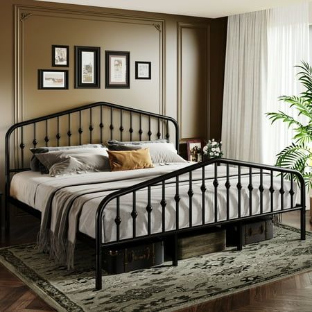 Our brand is dedicated to providing our customers with high-quality, uniquely designed, and well-crafted products at affordable prices. Bring surprises to life and make the home more comfortable. 1. Luxury Design: Metal Headboard with Nice Balls Decorated. 2. Sufficient Space: High Footboard with Large Storage Space. 3. Unique Design: Elegant Victorian Vintage Style. Size: King.  Color: Black. King Size Headboard In Front Of Window, Black Wood King Bed Frame, Wrought Iron King Bed Frame, Vintage Iron Bed Frame, Black Rod Iron Bed Frame, Victorian Style Home Decor, Bedroom With Black Bed Frame, King Size Iron Bed, Black And White Guest Bedroom