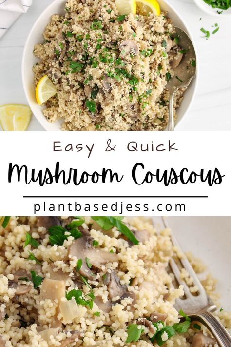 View on a large bowl of mushroom couscous. Couscous Mushroom Recipes, Couscous Mushroom, Vegan Couscous Recipes, Mushroom Couscous, Mushroom Meals, Mushroom Zucchini Recipe, Pearl Couscous Recipes, Making Couscous, Fast Meals