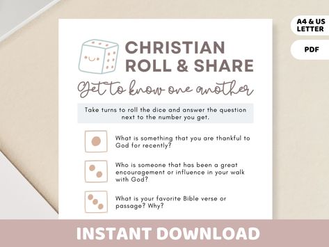 Christian Roll & Share Game Printable | Church Bible Roll and Tell Dicebreaker | Dice Table Talk Conversation Starter Icebreaker Questions Christian Ice Breaker Questions, Ice Breaker Games For Adults Christian, Christian Ice Breaker Games, Ice Breaker Games For Adults, Dice Table, Christian Games, Ice Breaker Game, Connect Group, Icebreaker Questions