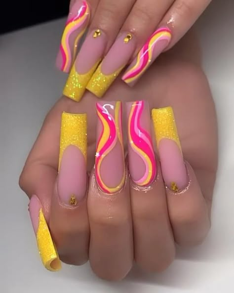 Baddie Nail Art Designs Long, 2 Tone Nails Designs Color Combos, Summer Pink Nails Design, Bright Acrylic Nails Designs, Nail Ideas Acrylic Coffin Baddie, Multicolor Nail Art Designs, Long Square Summer Nails, Long Square Acrylic Nails Summer, Dope Nail Designs Square