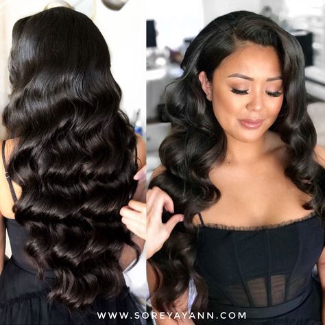 Hollywood Waves Blowout, Bridesmaid Old Hollywood Hair, Hollywood Waves With Side Braid, Curl Hair Wedding Styles, Hair Design For Party, Long Hairstyles With Waves, Hollywood Wave Long Hair, Classic Hollywood Waves Long Hair, Hollywood Waves Copper Hair