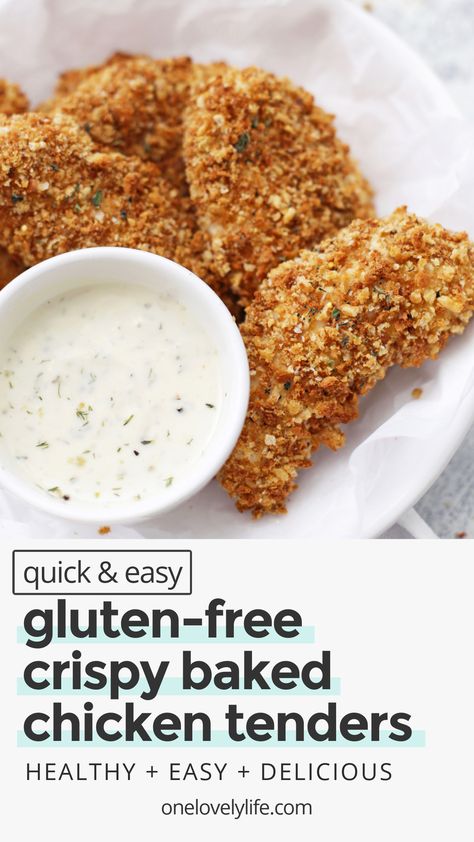 Gluten-Free Crispy Chicken Tenders - This oven-baked chicken tenders recipe is gluten & dairy-free with a fabulous crispy crunch! // crispy gluten free chicken tenders // baked chicken tenders recipe // healthy chicken tenders recipe // gluten free breadcrumbs // gluten-free chicken fingers recipe // gluten-free chicken strips recipe // gluten-free baked chicken strips // gluten-free baked chicken fingers // chicken strips dipping sauces Chicken Tender Recipes Healthy, Gluten Free Chicken Fingers, Chicken Tenders Baked, Healthy Chicken Tenders, Crispy Baked Chicken Tenders, Gluten Free Baked Chicken, Baked Chicken Fingers, Gluten Free Chicken Tenders, Chicken Fingers Recipe