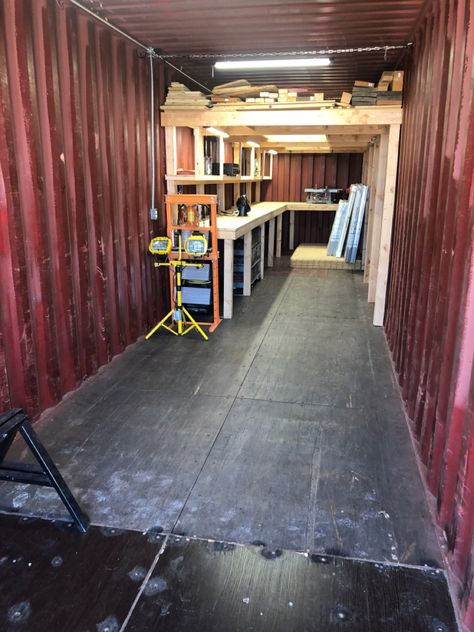 Shipping Container Organization Ideas, Conex Storage Ideas, Sea Can Garage, Shipping Container Woodshop, Backyard Shipping Container Ideas, Shipping Container She Shed Ideas, Shipping Container Organization, Shipping Container Man Cave, Shipping Container Workshop Ideas