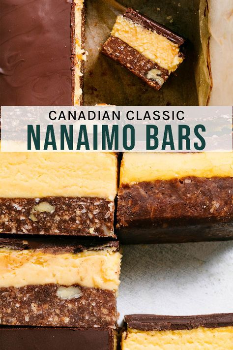 Nanaimo Bars A Canadian classic, no-bake Nanaimo bars feature a coconut and walnut base, simple sweet custard filling, and crisp chocolate topping. Namino Bars Recipe, Healthy Nanaimo Bars, Vegan Nanaimo Bars, Nanaimo Bar, Nanaimo Bar Recipe, Sweet Custard, Canadian Christmas, Nanaimo Bars, Custard Powder