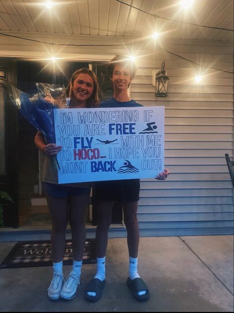 Hoco Proposals Ideas Swimming, Swimming Hoco Signs, Swimmer Hoco Proposals, Swim Promposal Ideas, Spring Formal Proposal Ideas, Swim Hoco Proposals, Swim Promposal, Winter Dance Proposal, Formal Proposal Ideas