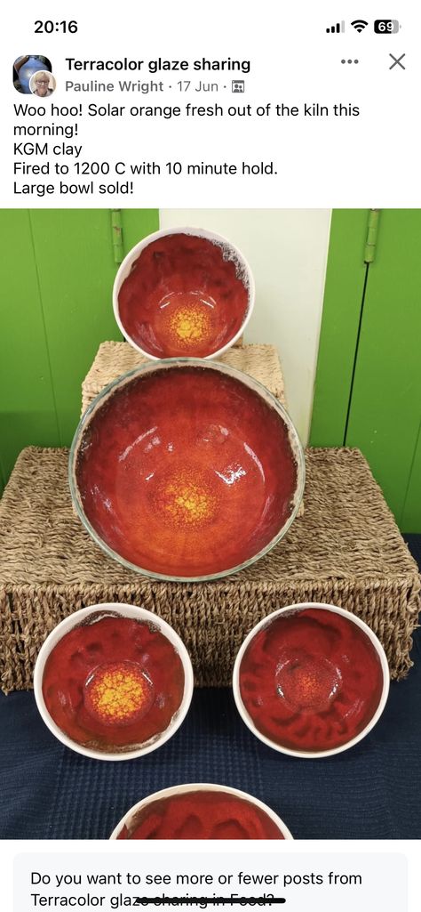 Terracolor Glazes, Red Firebrick Glaze Combinations, Red Glaze Pottery, Deep Firebrick Red Glaze Combinations, Coyote Fire Opal Glaze, Cone 10 Oxidation Glazes, Kiln, Large Bowl, Red Yellow