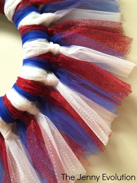 Red White And Blue Wreath Diy, Step By Step Tulle Wreath, Santa Tulle Wreath, Diy Wreath Tulle, Tulle Wreath Diy, Red White And Blue Mesh Wreath, Red White Blue Wreath, Diy Tulle, Easter Mesh Wreaths