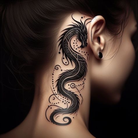 Feline Dragon Tattoo, Dragon Tattoo Neck Men, Cover Up Tattoo Behind Ear, Neck Dragon Tattoo, Hip Bone Tattoos, Mandala Neck Tattoo, Dragon Neck Tattoo, Dragon Tattoo Neck, Dragon Tattoo Realistic