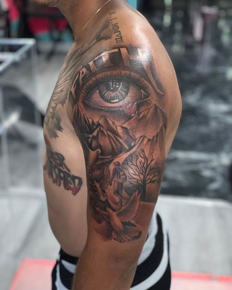 Good Tattoo Ideas For Men, Top Sleeve Tattoo For Men, Chances Make Champions Tattoo, Men Tattoo Shoulder, Rare Tattoos Men Shoulder, Upper Sleeve Tattoos For Guys, Shoulder Blade Tattoo For Guys, Shoulder Tattoo Men Black, Shoulder Tats Men