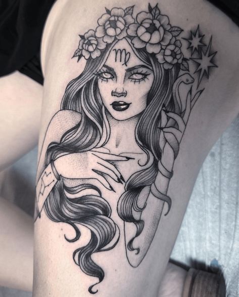 SOURCE Virgo Medusa Tattoo, Virgo Queen Tattoo, Zodiac Goddess Tattoo, Tattoo Designs For Black Women, Virgo Woman Tattoo, Virgo Maiden Tattoo, Virgo Tattoo Goddesses, Virgo Tattoos For Women, Legs Tattoos For Women