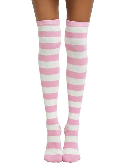 Blackheart Cream & Pink Striped Over-The-Knee Socks, Pink Striped Socks, White Knee High Socks, Aesthetic Socks, Cream Socks, Over Knee Socks, Stripe Socks, Pink Socks, Over The Knee Socks, Thigh High Socks