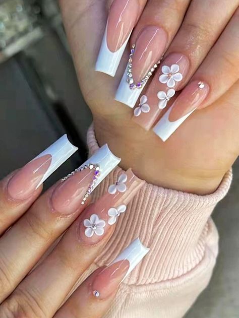 24pcs Long Coffin White French Rhinestone 3D Flower Decor Fake Nail  | eBay Nails Country, 3d Nail Designs, 3d Flower Nails, Long Nail Designs, Girly Acrylic Nails, Flower Nail Designs, Unique Acrylic Nails, Fake Nail, Short Acrylic Nails Designs