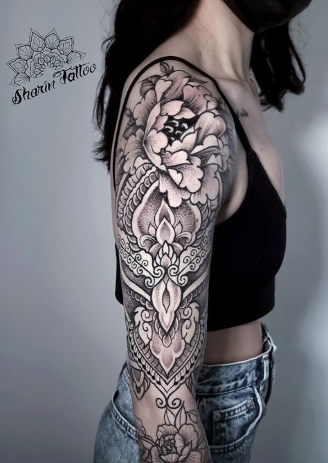 Armor Sleeve Tattoo Women, Ornamental Sleeve Tattoo, Mandalla Tattoo, Armor Sleeve Tattoo, Ornaments Tattoo, Women's Tattoos, 2024 Tattoo, Floral Mandala Tattoo, Unique Tattoos For Women