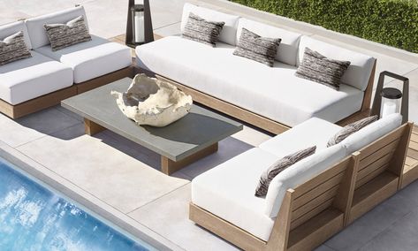 Here Are All the New Outdoor Product Collections From RH | Architectural Digest Rh Furniture, Modern Outdoor Living Space, Stylish Outdoor Furniture, Weathered Teak, Rh Modern, Outdoor Furniture Design, Modern Outdoor Furniture, Furniture Vanity, Furniture Collections