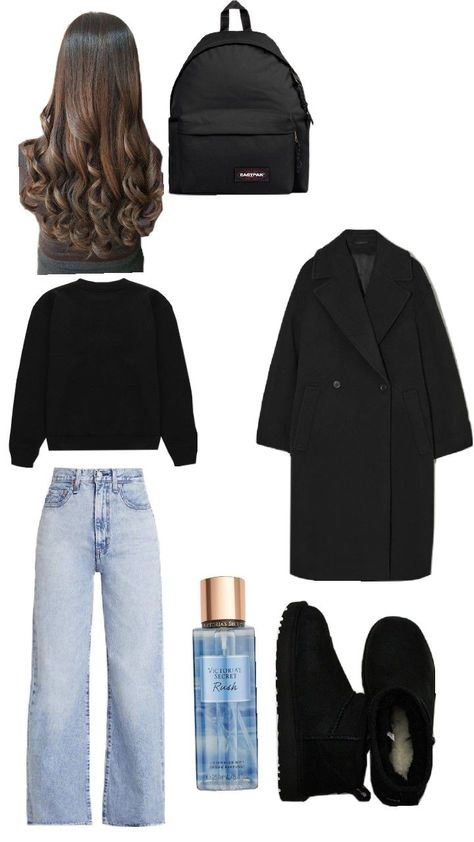 Outfit Jeans Noir, Ugg Noir Outfit, Outfit Jean Noir, Outfit Pantalon Noir, Outfit Full Black, Black Uggs Outfit, Outfit Idea Winter, Outfit Large, Mantel Outfit