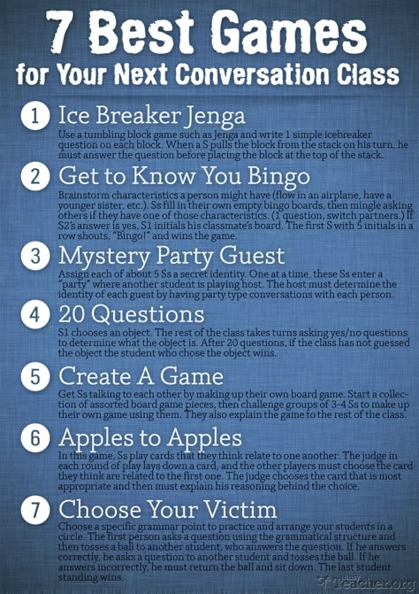 POSTER: 7 Best Games for Your Next Conversation Class Classroom Posters Free, Esl Classroom, Speaking Activities, Classroom Games, Esl Teaching, How To Start Conversations, Language Teaching, Ice Breakers, Teaching Spanish