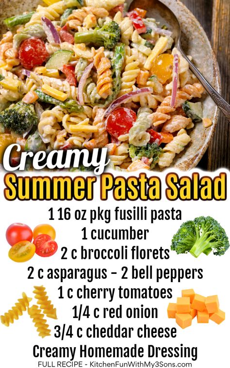 This is the absolute Best Ever Creamy Pasta Salad Recipe made with cucumbers, bell peppers, broccoli, cherry tomatoes, red onion, cheddar cheese and a creamy ranch dressing full of flavor! Picnic Dishes, Creamy Pasta Salad Recipe, Garden Pasta Salad, Summertime Meals, Big Salads, Creamy Pasta Salad, Broccoli Pasta Salads, Dude Food, Creamy Pasta Salads