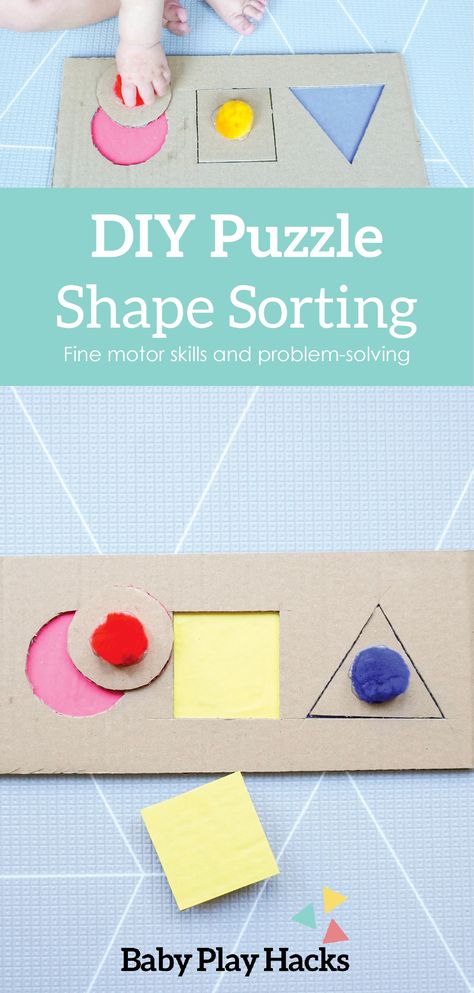 DIY Shape Sorting Puzzle 🧩 Create this easy do-it-yourself puzzle for baby with cardboard, hot glue, and pom poms. Cardboard Activities For Toddlers, Diy Puzzle For Kids, Infant Montessori Activities, Shapes For Toddlers, Play Hacks, Cardboard Play, Cardboard Puzzle, Bug Activities, Baby Puzzles