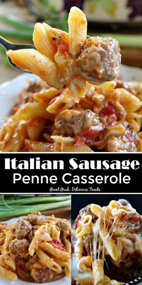 Italian Sausage Penne Casserole is seasoned perfectly, loaded with Italian sausage and lots of delicious cheese. #italianrecipes #easycasserole #pasta #dinnerrecipes #greatgrubdelicioustreats Ground Italian Sausage Casserole, Meals With Italian Sausage Dinners, Sausage Noodle Casserole, Italian Noodle Recipes, Loose Sausage Recipes Dinners, Italian Sausage Recipes For Dinner Pasta, Italian Sausage Pasta Skillet, Pasta Dishes With Sausage, Recipes With Italian Sausage Links