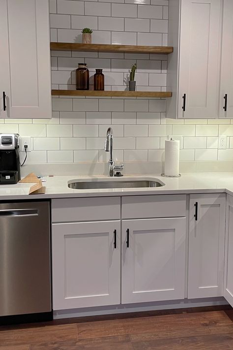 Wood Shelves Above Kitchen Sink, Floating Shelves Between Cabinets, Shelves Between Cabinets, Above Kitchen Sink Ideas, Kitchen With No Cabinets, Bathroom Wooden Shelves, Kitchen Wood Shelf, Cabinets Over Sink, Farmhouse Floating Shelves