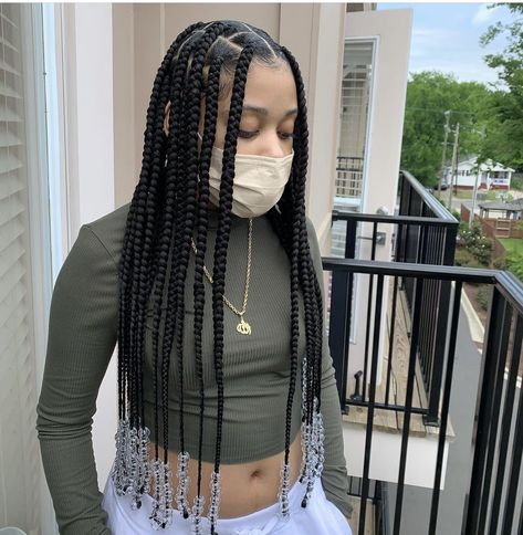 Knotless Box Braids Large With Beads, Big Braids Small Parts, Jumbo Single Braids, Big Box Braids Jumbo With Beads, Big Box Braids Jumbo With Curly Ends, Black Hair Video, Braided Hairstyles For Teens, Short Box Braids Hairstyles, Big Box Braids