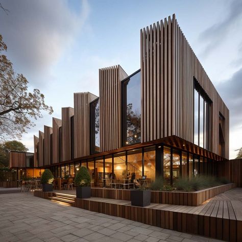 Timber Building Concept Steel And Wood Architecture, Wood Facade Architecture Design, Commercial Building Concept, Commercial Building Exterior Facades, Industrial Facade Design, Office Building Exterior, Modern Residential Building, Timber Facade, Triangle Building