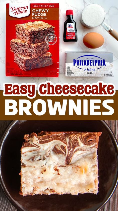 This is how you take a box of brownie mix and turn it into an impressive homemade dessert! Simply mix cream cheese with sugar and an egg and drop it onto premade brownie batter. Swirl it around to create a swirled effect, and bake! The combination of flavors is amazing. This is one of the easiest desserts I've ever made, and yet probably the best. My family can't get enough of them! I seriously have to guard the pan to keep my kids out of them. Swirled Brownies, Greek Yogurt Blueberry Muffins, Fancy Bakery, Desserts To Make At Home, Pancake Mix Muffins, Blueberry Yogurt Muffins, Easy Desserts To Make, Low Carb Greek Yogurt, Easy Dessert Idea