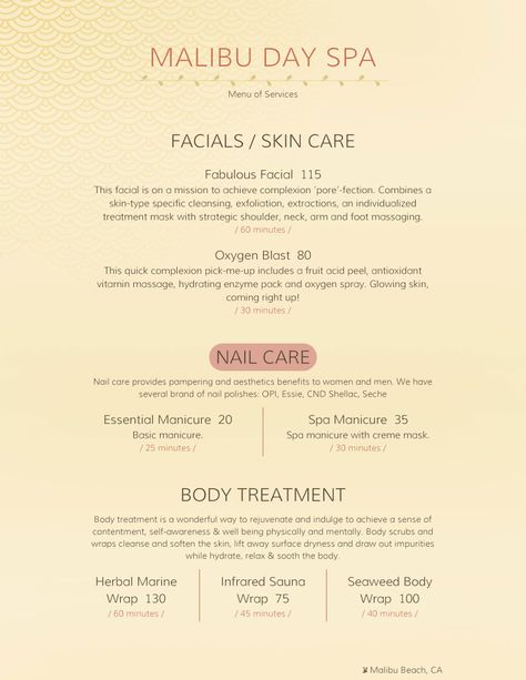 Spa and Salon Menu Designs from iMenuPro - more than just templates Facial Service Menu Ideas, Spa Service Menu Ideas, Facial Menu Of Services, Medspa Menu Of Services, Spa Menu Ideas Price List, Beauty Parlour Menu Card Design, Service Menu Spa, Menu Spa, Free Menu Templates