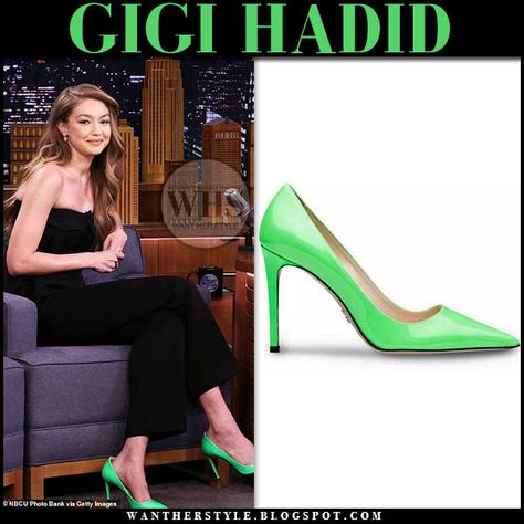 Gigi Hadid in bright neon green patent pumps Bright Green Shoes Outfit, Neon Green Heels Outfit, Green Pumps Outfit, Green Heels Outfit, Neon Green Heels, Green Shoes Outfit, Neon Pumps, Pumps Outfit, Prada Pumps