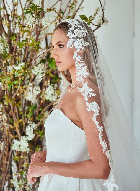 Mantilla Royal Cathedral Bridal Veil | V2397RC-M Cathedral Veil With Lace, Mantilla Wedding Veil, Mantilla Veil Wedding, Cathedral Length Wedding Veil, Winter Wedding Accessories, Veil With Lace, Beaded Wedding Veils, Fingertip Wedding Veils, Cathedral Wedding Veil