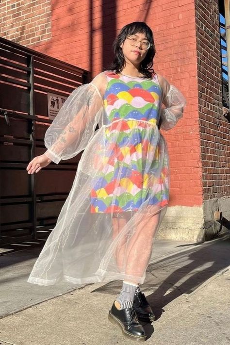 photo of a person in a sheer dress Sheer Mesh Outfit, Layering Sheer Dress, Layered Sheer Dress, Sheer Layering Outfit, Sheer Dress Outfit Casual, Mesh Layered Outfit, Sheer Dress Outfit, Sheer Overdress, Sheer Dresses Outfit