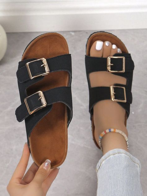 Women's Comfortable Thick Bottom Flat Sandals With Double Buckles, Summer Black Fashionable    Plain    Women Shoes, size features are:Bust: ,Length: ,Sleeve Length: Double Buckle Sandals Outfit, Buckle Sandals Outfit, Sandals Black Women, Double Buckle Sandals, Sandals Outfit, Buckle Sandals, Summer Black, Sandals Black, Flat Sandals