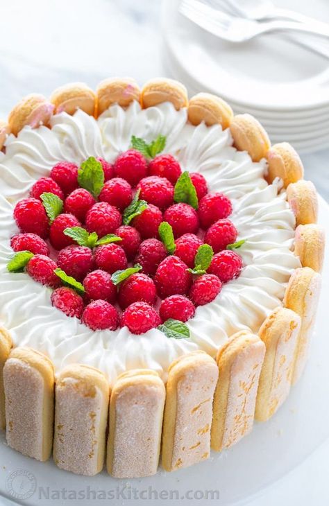 Charlotte Cake Recipe | Natasha's Kitchen | Bloglovin’ Charlotte Cake Recipe, Charlotte Russe Dessert, Charlotte Russe Cake, Raspberry Charlotte, Charlotte Dessert, Charlotte Cake, French Cake, Raspberry Mousse, British Baking