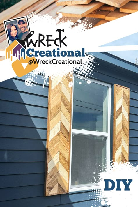 Diy Herringbone Shutters, Wood Shutter Ideas Exterior, Chevron Shutters Exterior, Herringbone Shutters Exterior, Diy Shutters Exterior Wood, Diy Modern Shutters Exterior, Outside Shutters Ideas, Adding Shutters Before And After, Diy Wooden Shutters Exterior